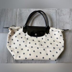 Longchamp Handbag le Pliage Ivory Black Dark Gray Dotted Leather Limited Edition